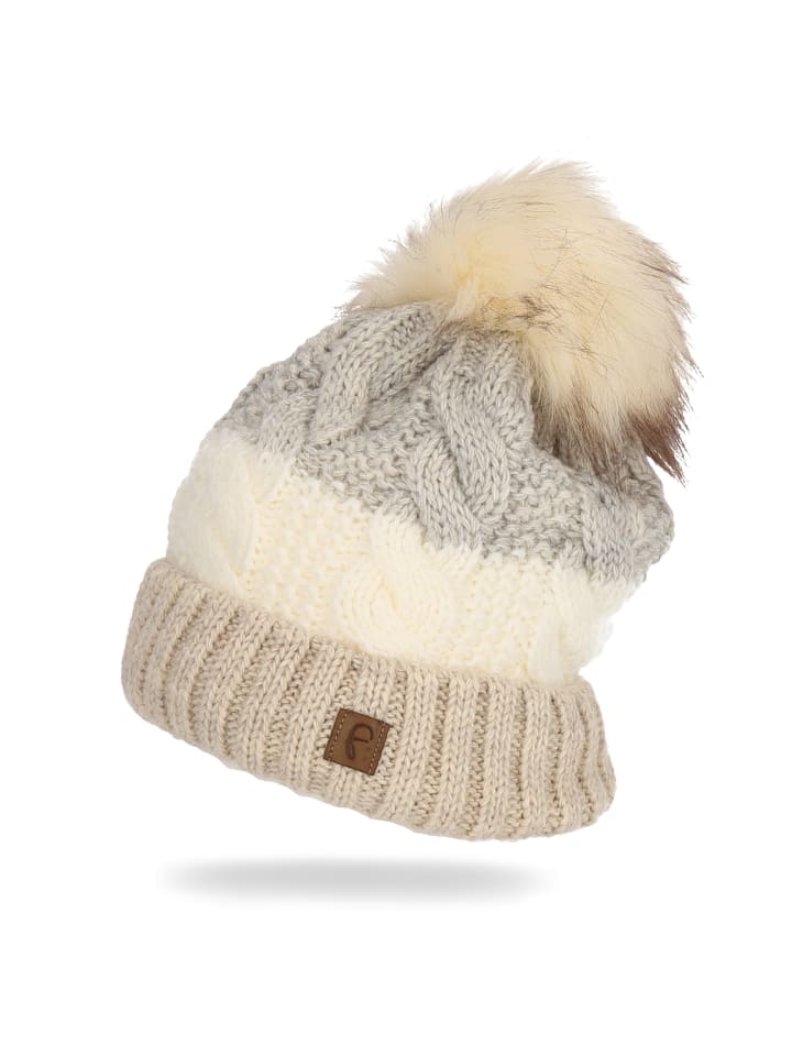 Faera Wintermütze warm gefüttert mit Kunstfell Bommel-Mütze in Beige günstig kaufen onesize