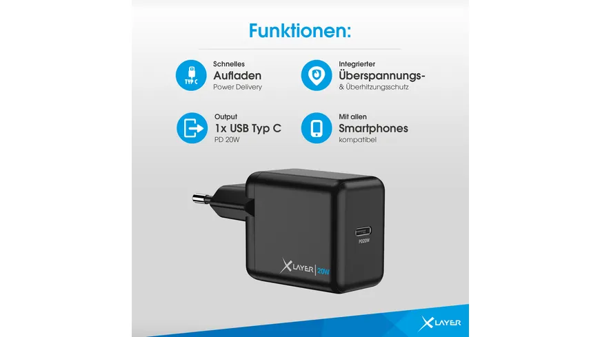 XLayer Ladegerät Single USB Typ C PD 20W Schwarz