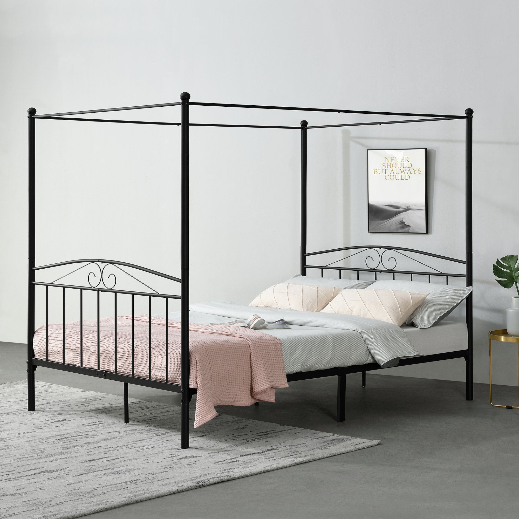 en.casa Himmelbett, Lahti Metallbett Doppelbett Schwarz 180x200cm