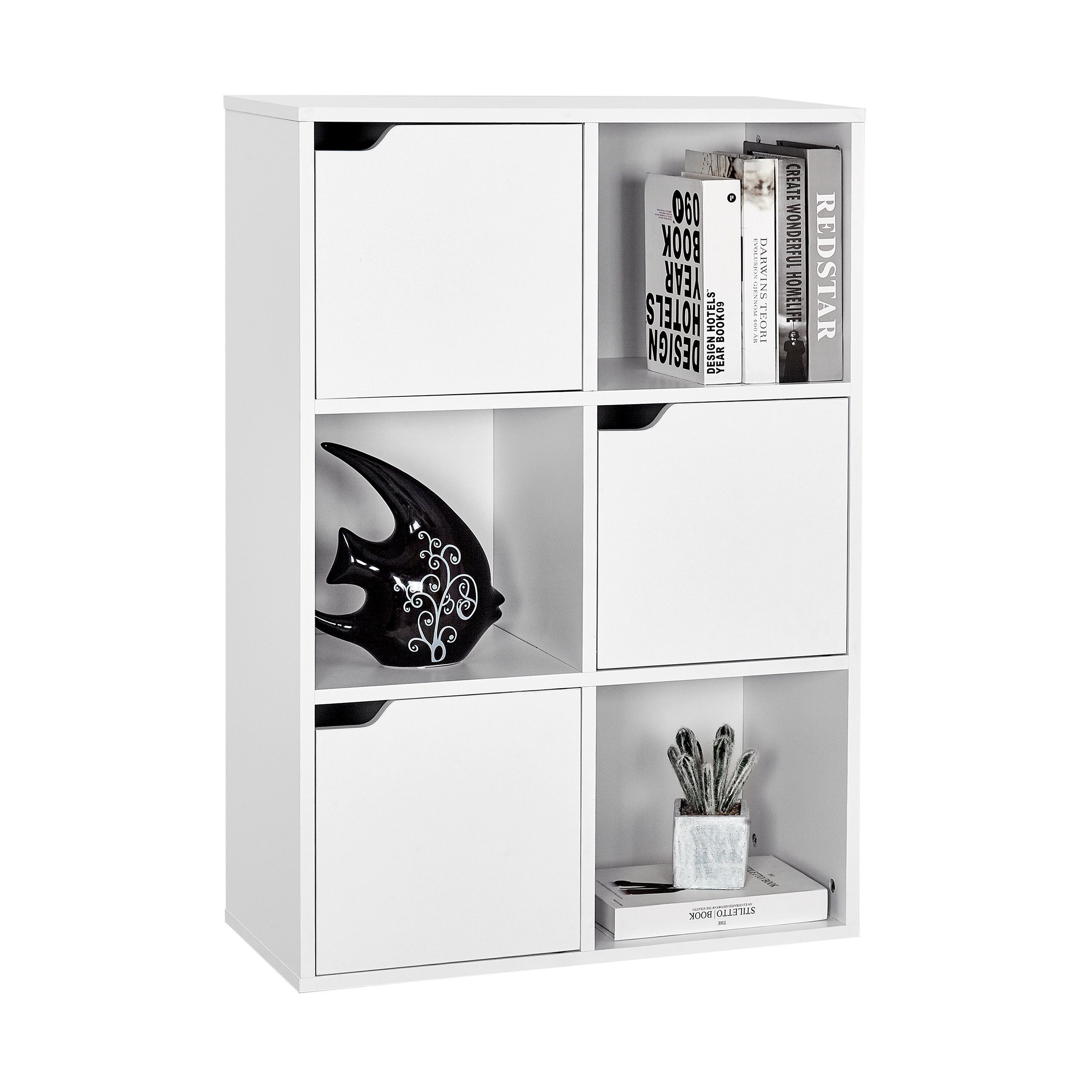 Mondeer Bücherregal Aufbewahrungsregal, Bücherschrank, Regal aus Holz, Sechs Fächer mit 3 Türen