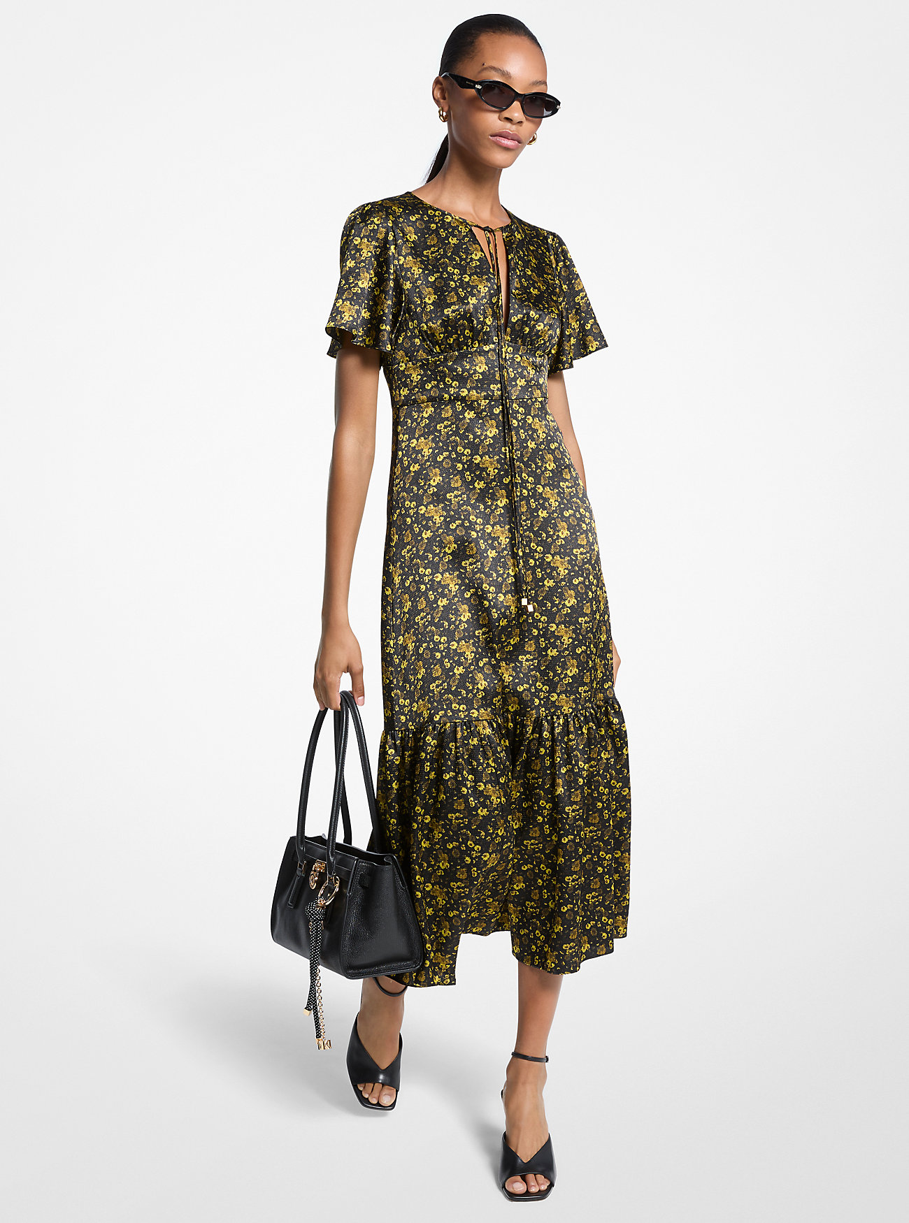 Floral Hammered Satin Midi Dress - PISTACHIO