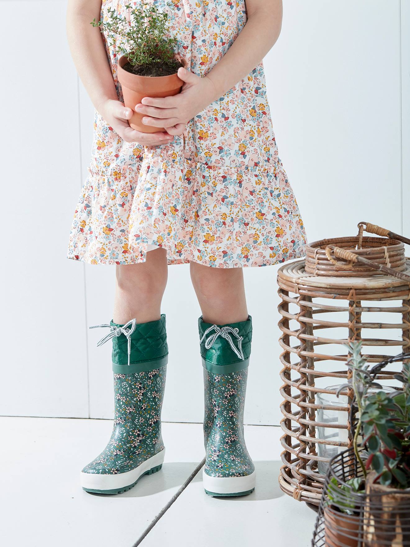 Bottes de pluie imprimées fille col matelassé vert