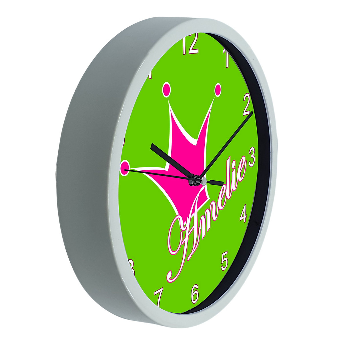 Kinder Wanduhr laufruhig personalisiert mit Name Krone apfelgrün rosa