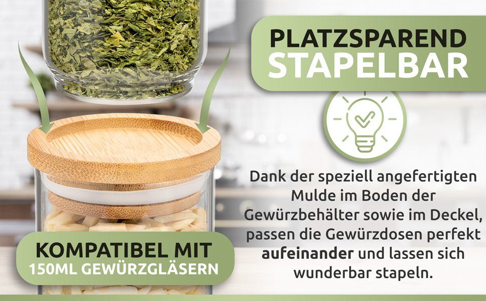 PORADA Gewürzbehälter Set 150ml stapelbare Gewürzgläser Glasbehälter Bambus Deckel, (Set, 12-tlg., Set), Handarbeit, platzsparend, stapelbar, Bambusdeckel
