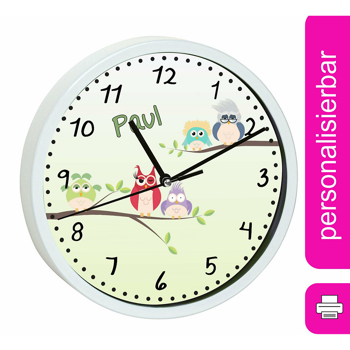Kinder Wanduhr personalisiert mit Name Eulenfamilie