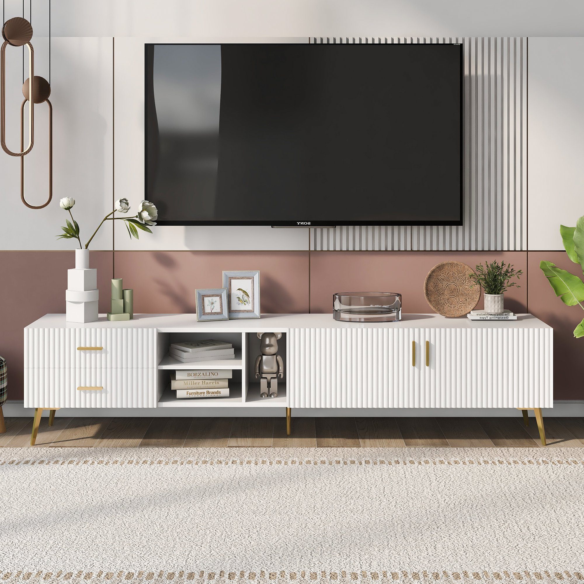 OKWISH TV-Schrank Lowboards, für 75-Zoll-Fernseher,TV-Boards Modernes Entertainment-Center, Medienkonsole (weiß)