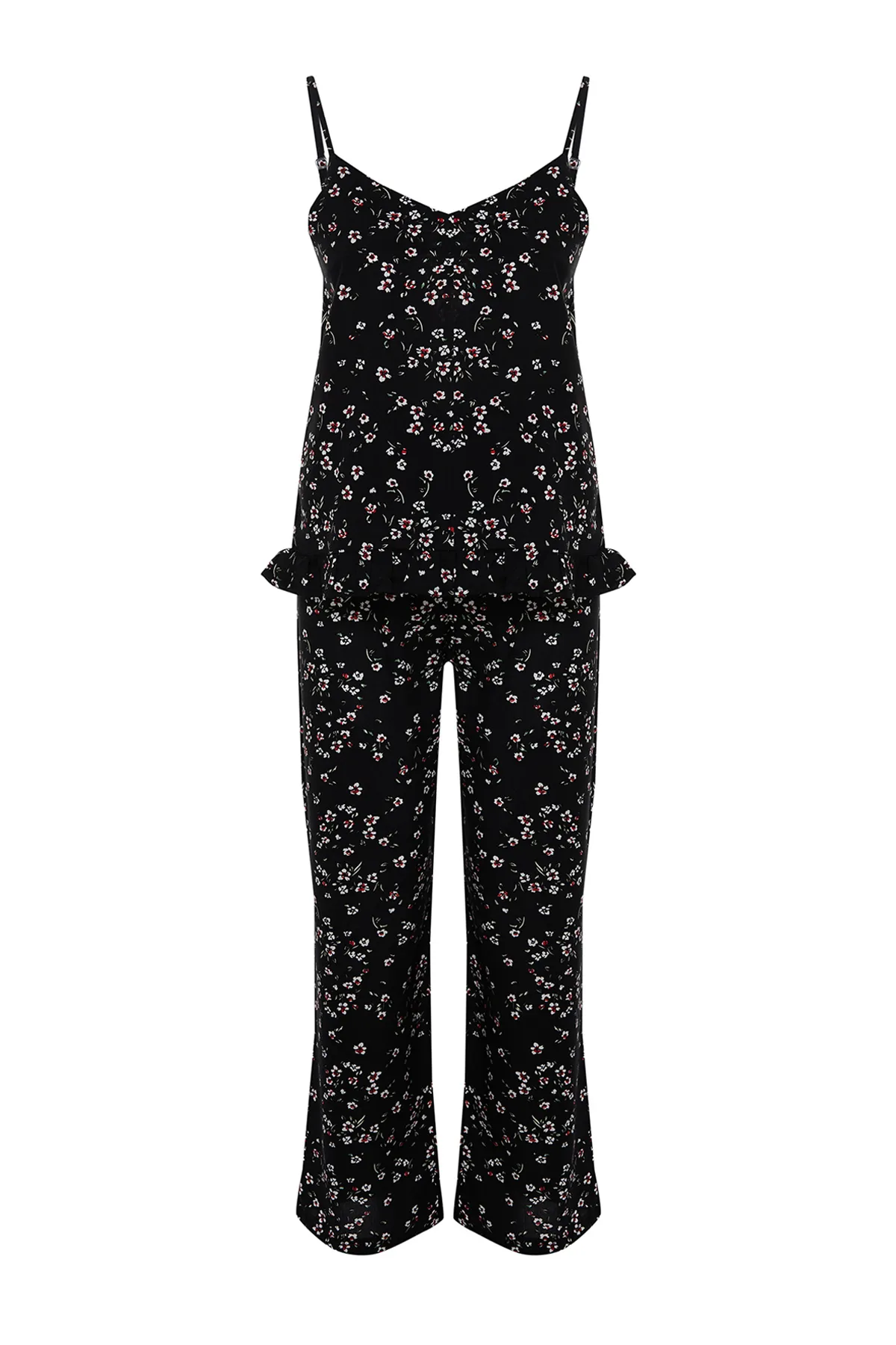 Trendyol Collection  Schwarzes Pyjama-Set aus Viskosegewebe mit Blumenmuster und Schnürriemen THMSS24PT00301