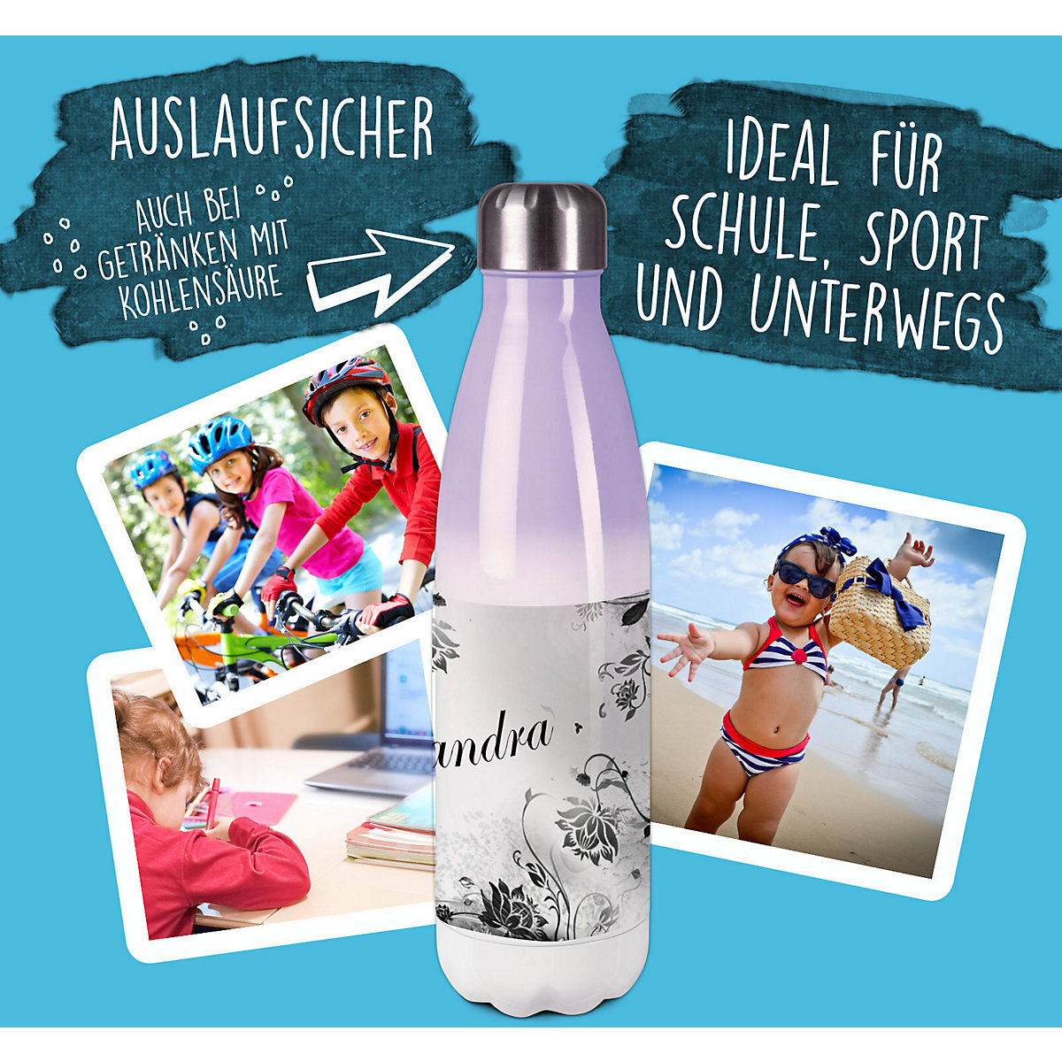 Edelstahl Kinder Thermoflasche / Trinkflasche bunt Blumenranke Farbe schwarz weiß Spülmaschinenfest, Auslaufsicher, Bruchfest, Doppelwandig, Für Heißgetränke geeignet, Mit Deckel, Isoliert