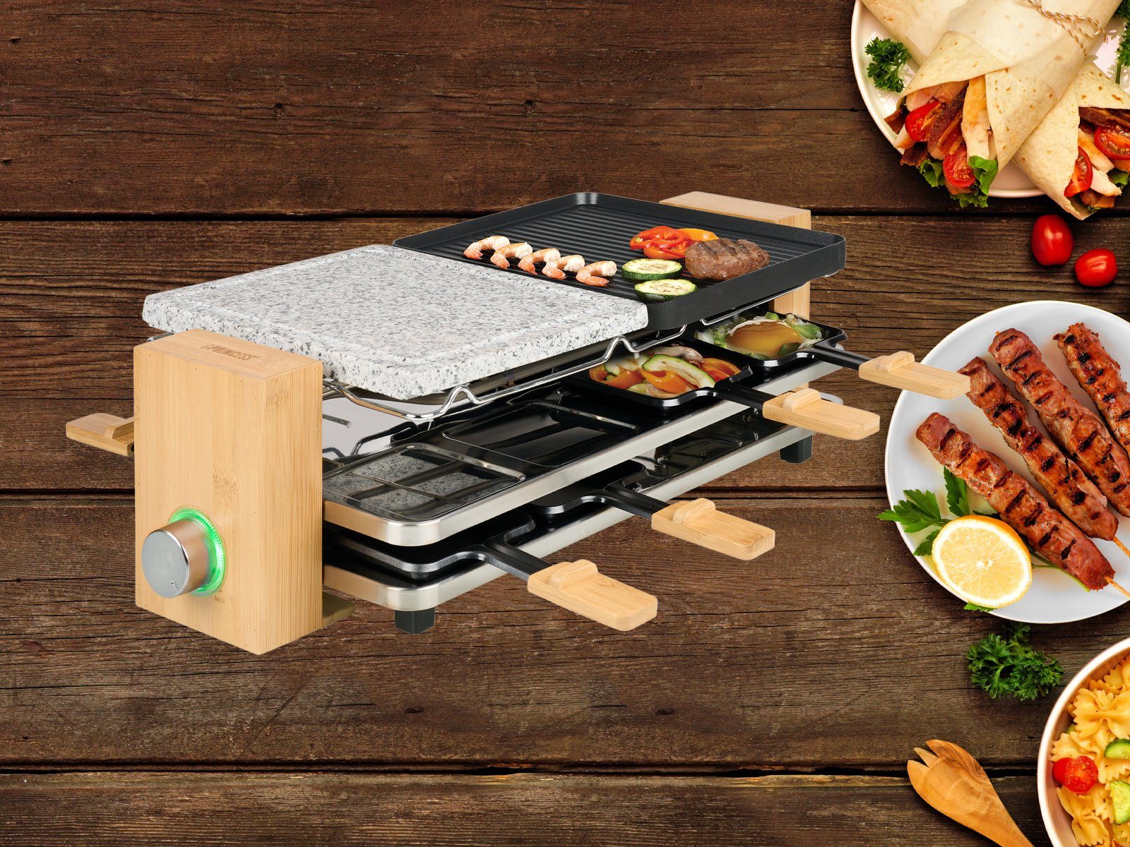 PRINCESS Raclette, 1300 W, Bambus 5in1 Gerät für 2-8 Personen Tisch-Grill & Steingrill-Platte