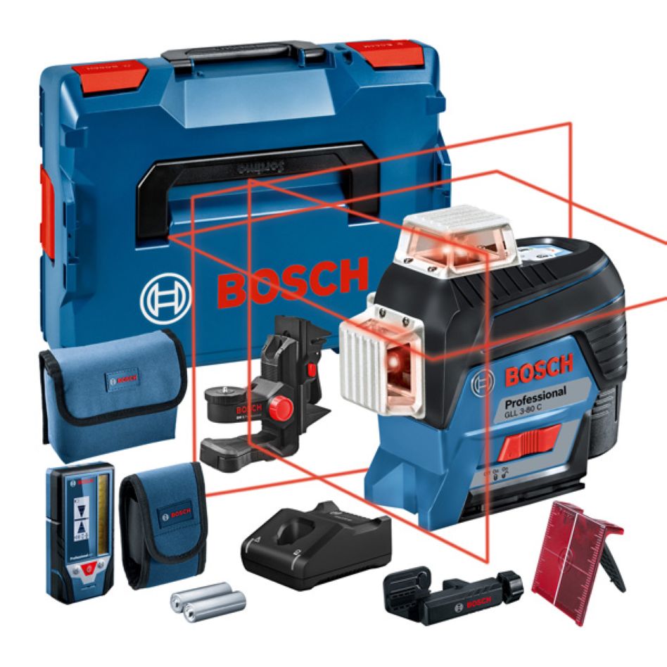 Bosch Blue 0601063R05 GLL 3-80 C Linjelasersæt 1x 12V 2,0 Ah og hurtiglader GAL 12V-40 CV i L-BOXX