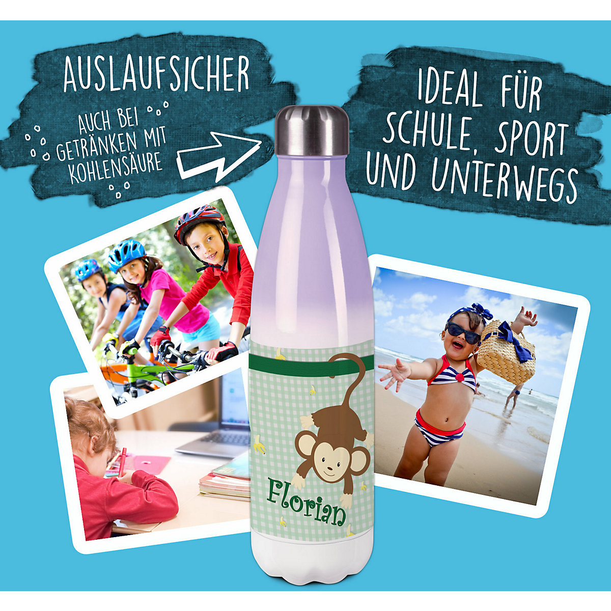 Edelstahl Kinder Thermoflasche / Trinkflasche bunt Affe hängend Farbe grün Spülmaschinenfest, Auslaufsicher, Bruchfest, Doppelwandig, Für Heißgetränke geeignet, Mit Deckel, Isoliert