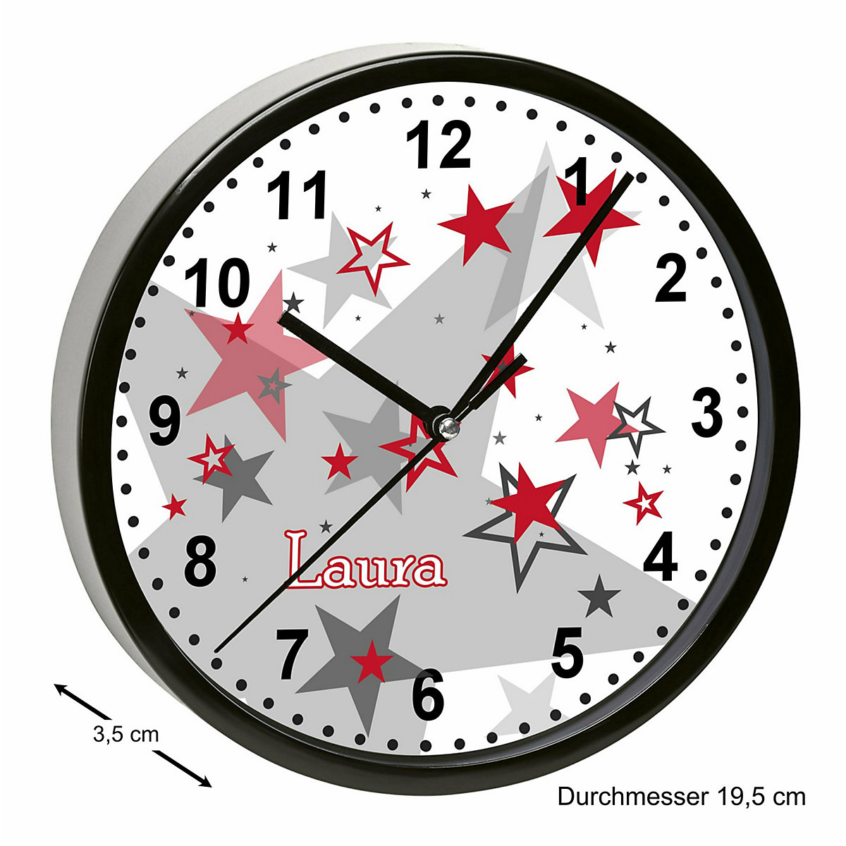 Kinder Wanduhr laufruhig personalisiert mit Name Sternenhimmel Rot Grau