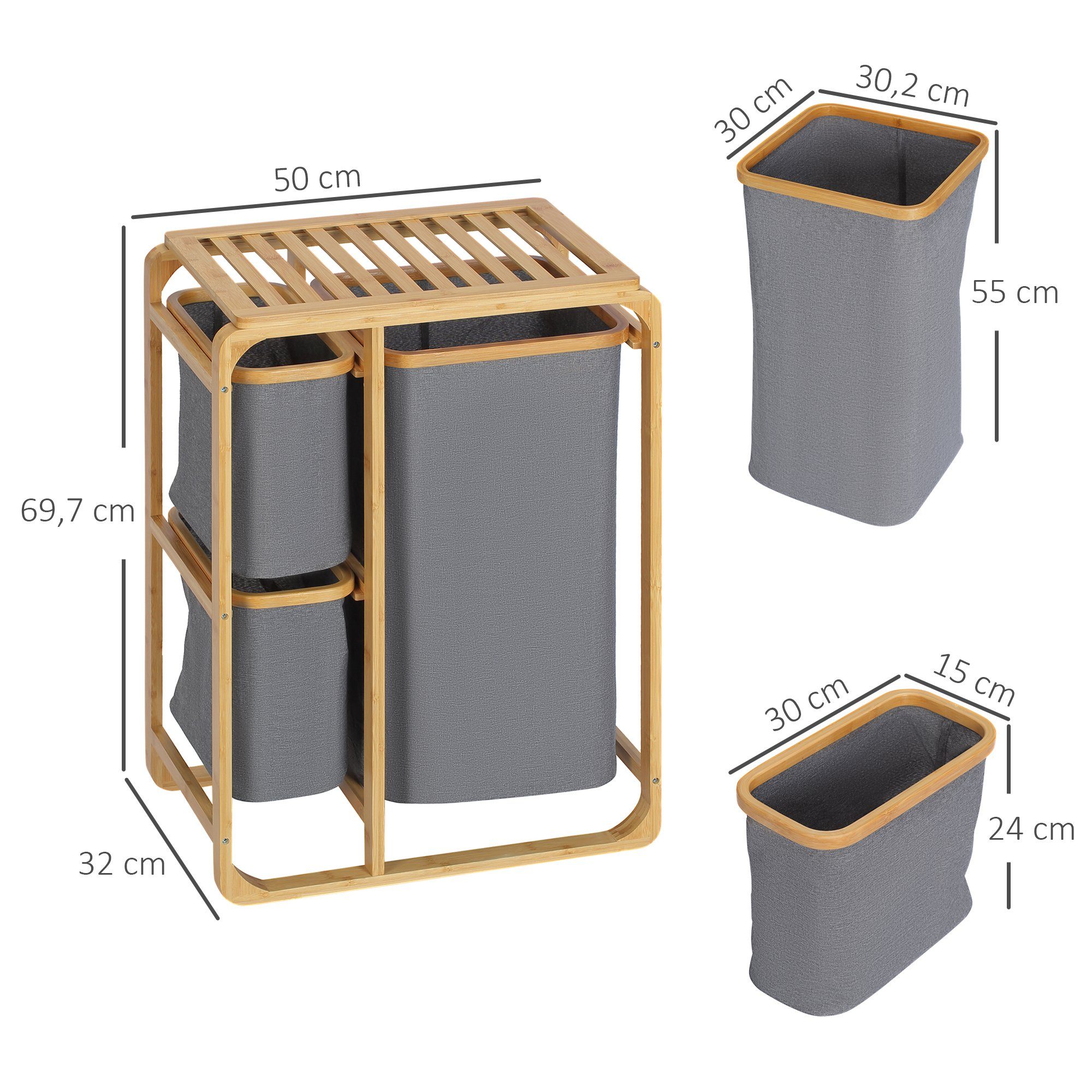 HOMCOM Wäschekorb Wäschebox (Set, 1 St., 1 x Wäschekorb), mit 3 abnehmbaren Wäschesacke