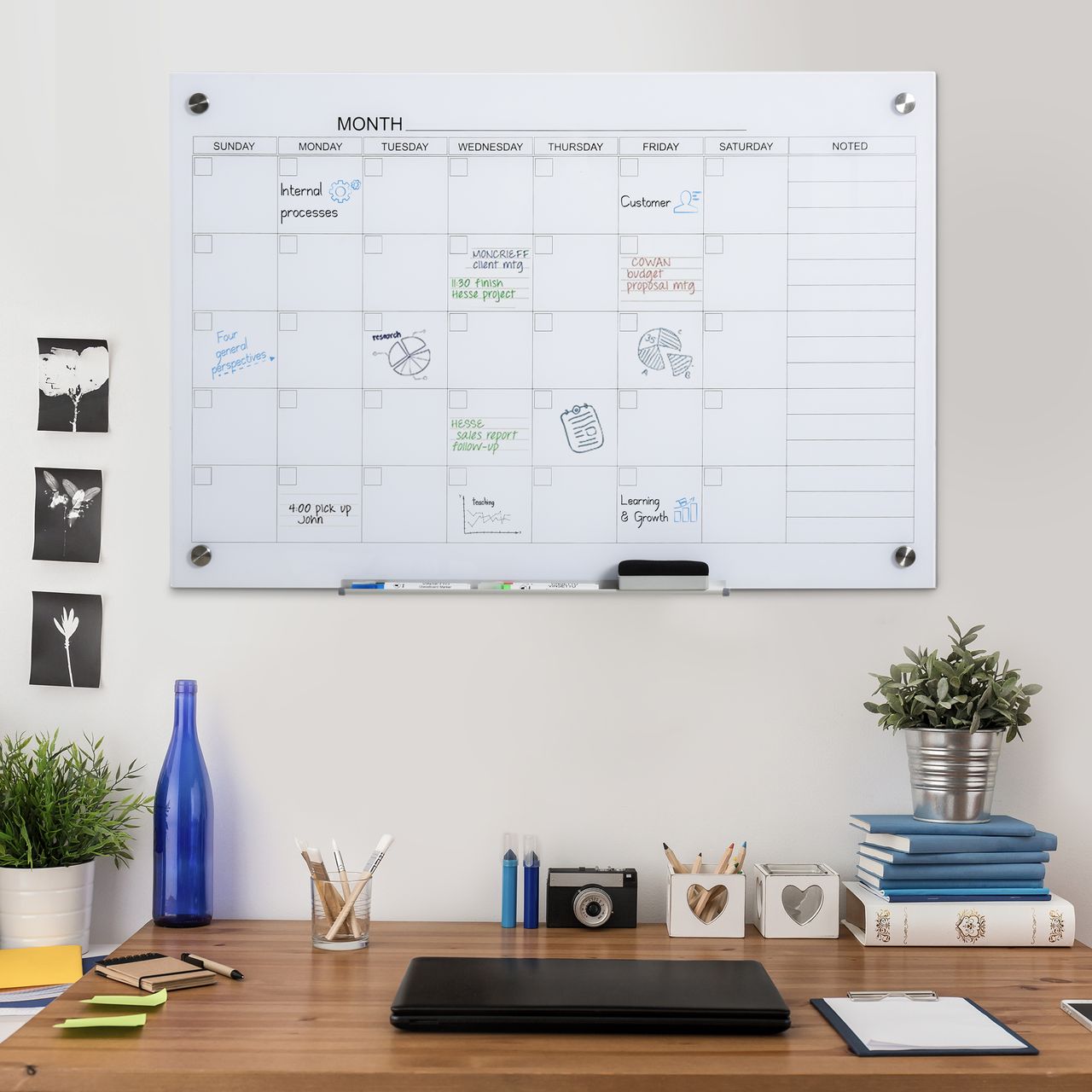 Vinsetto Kalendertafel Glasplatte mit 4 Glasclip Planungstafel Weiß