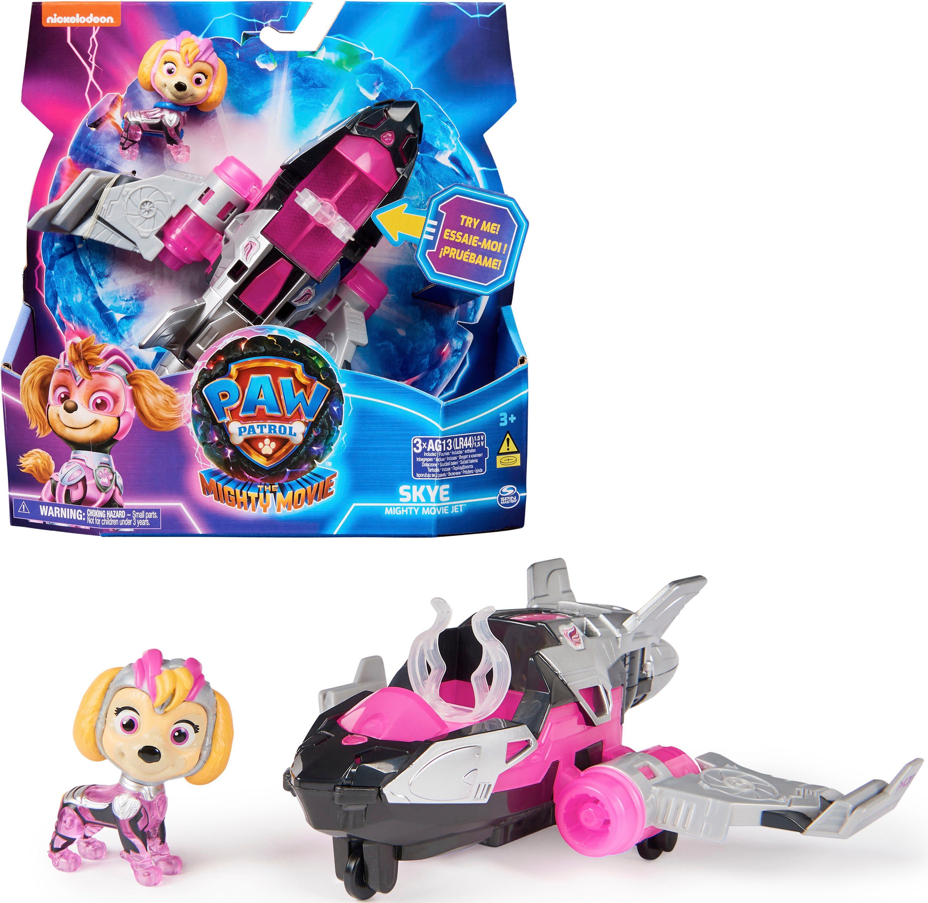 Spin Master Spielzeug-Auto PAW Patrol, Der Mighty Kinofilm: Superhelden-Basis-Fahrzeug von Skye, Flugzeug mit Welpenfigur, Licht- und Soundeffekt