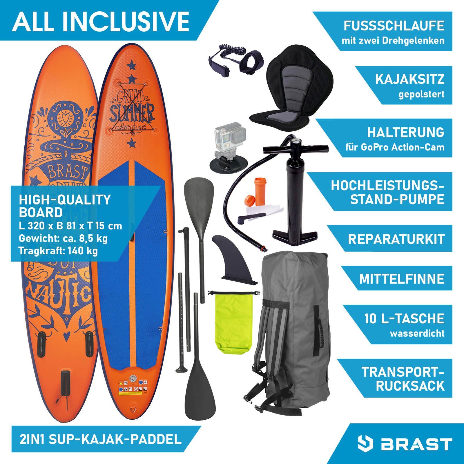 BRAST SUP-Board Summer Aufblasbares Stand up Paddle Set - 320x81x15cm, 5 Jahre Garantie inkl. Sonderzubehör, (2in1 Paddel Kajak-Sitz Action-Cam-Halterung), Fußschlaufe Paddel Pumpe Rucksack