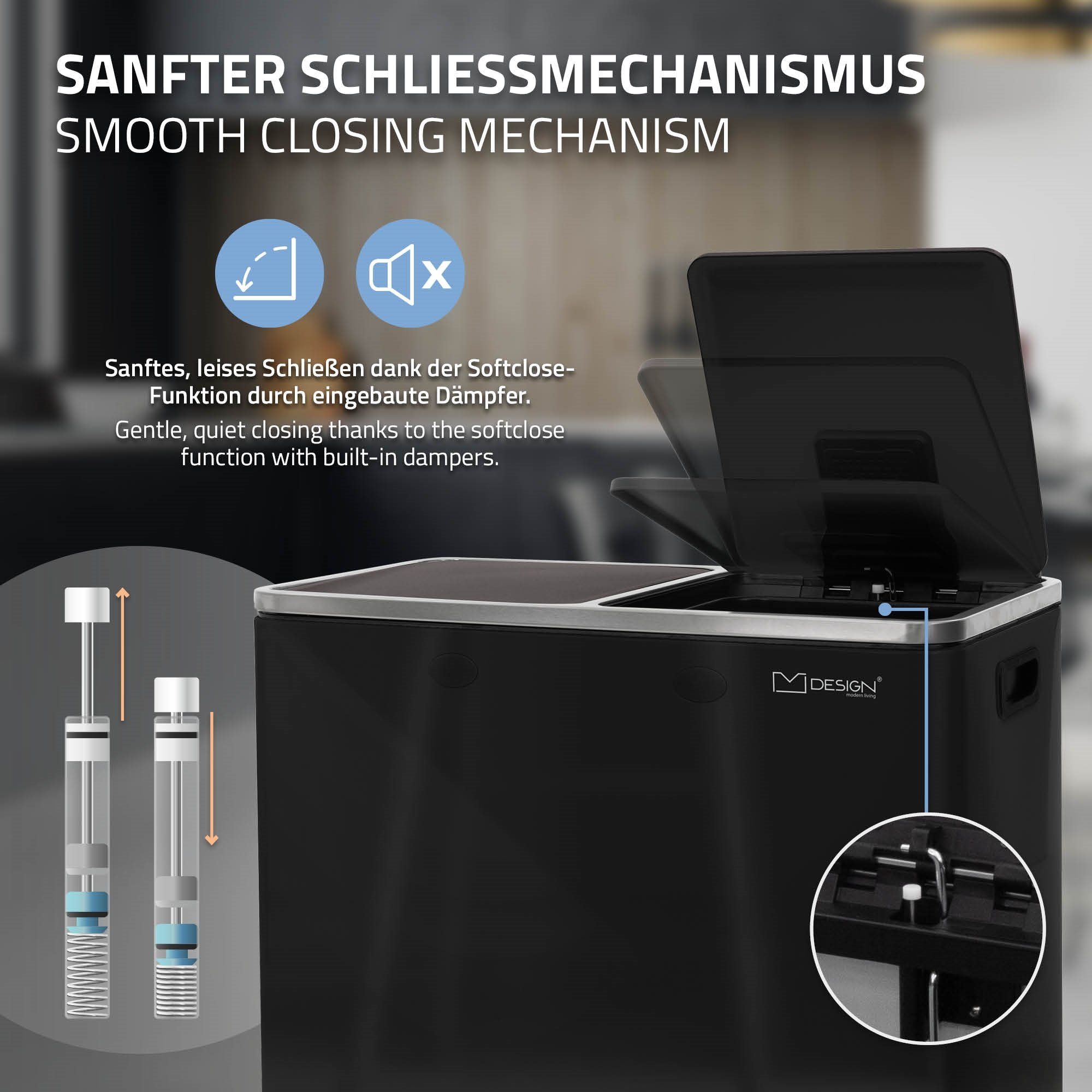 ML-DESIGN Mülleimer Mülltrennsystem Treteimer Abfalleimer, 2x30L Schwarz Edelstahl Inneneimer Klappdeckel Softclose luftdicht