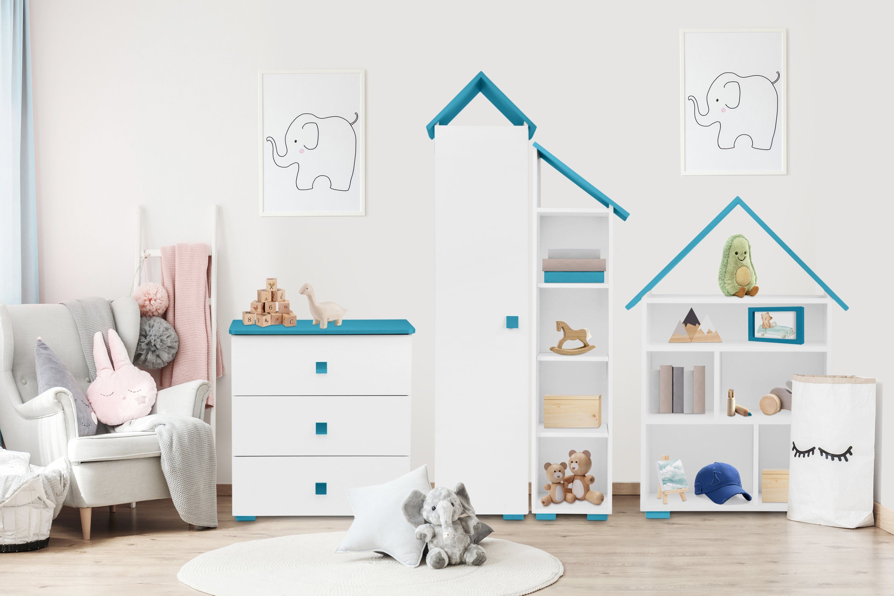 Konsimo Kinderregal PABIS Kinder Bücherregal Hausform, in Pastellfarben, geräumiges Bücherregal für Kinderzimmer
