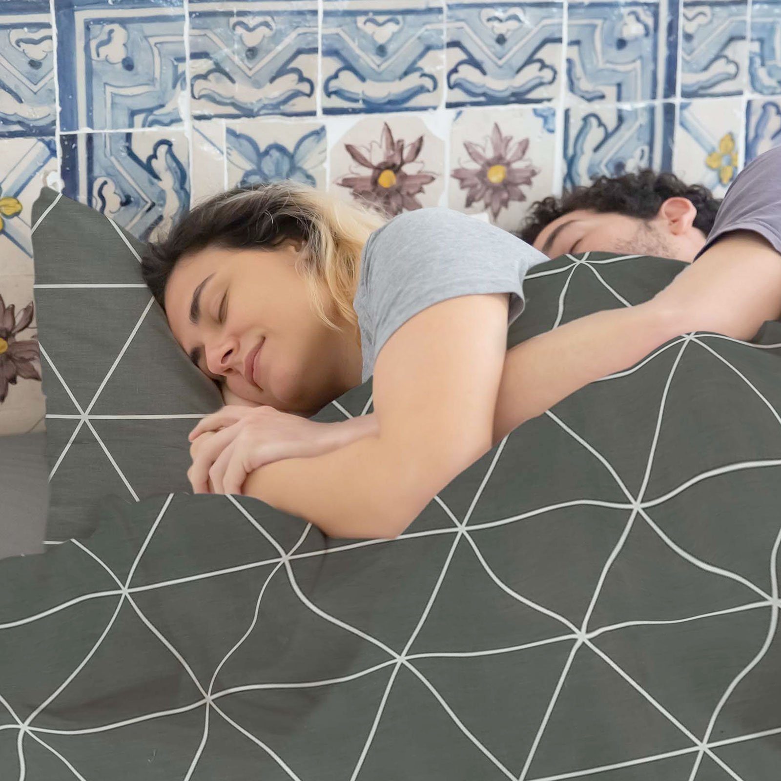 Bettwäsche Geometrisches Linienmuster, KEAYOO, Baumwolle, 2 teilig, 100% Baumwolle Bettwäsche mit Reißverschluss Dunkelgrau