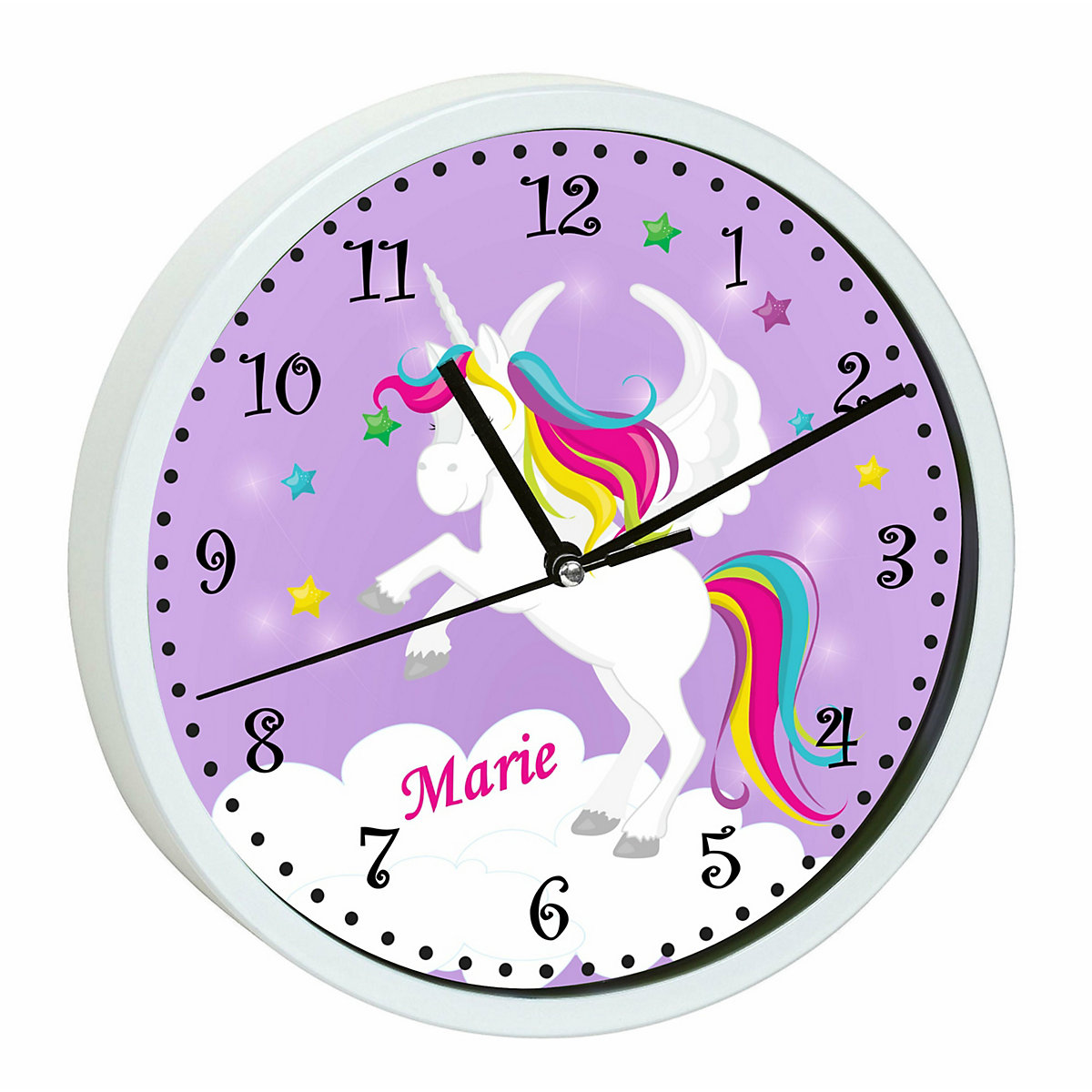 Kinder Wanduhr personalisiert mit Name Pegasus Lila