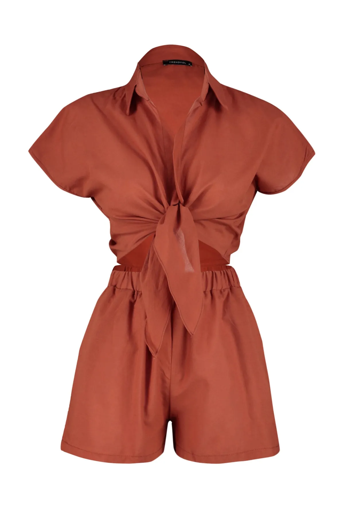Trendyol Collection  Braunes, gewebtes Hemd-Shorts-Set aus 100 % Baumwolle mit Bindeband, TBESS23AU00146