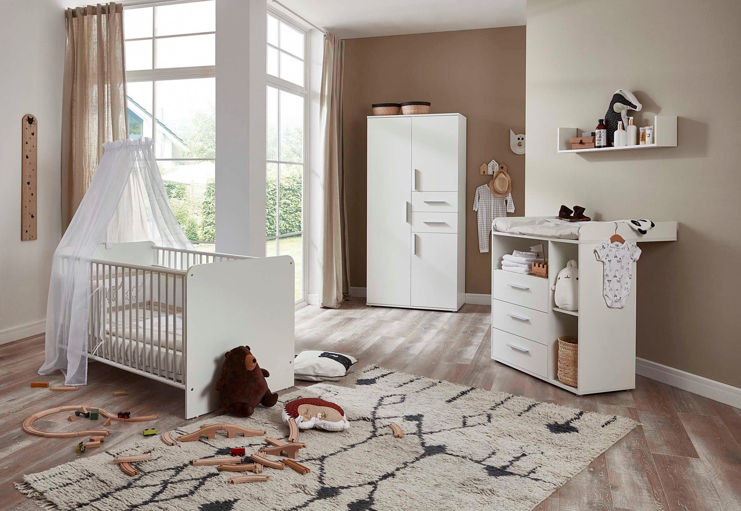 BMG Möbel Babyzimmer-Komplettset Lea, (Set, 4-St., Bett, Wickelkommode, Schrank, Wandboard), Bett + Wickelkommode + 3-trg. Schrank + Wandboard