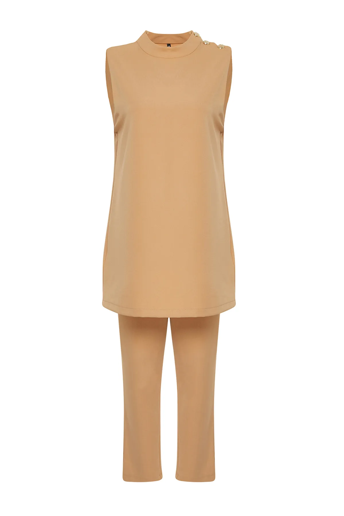 Trendyol Modest  Beiges Tunika-Hose-Set aus gewebtem Crêpe-Unterteil und Oberteil TCTSS24US00047