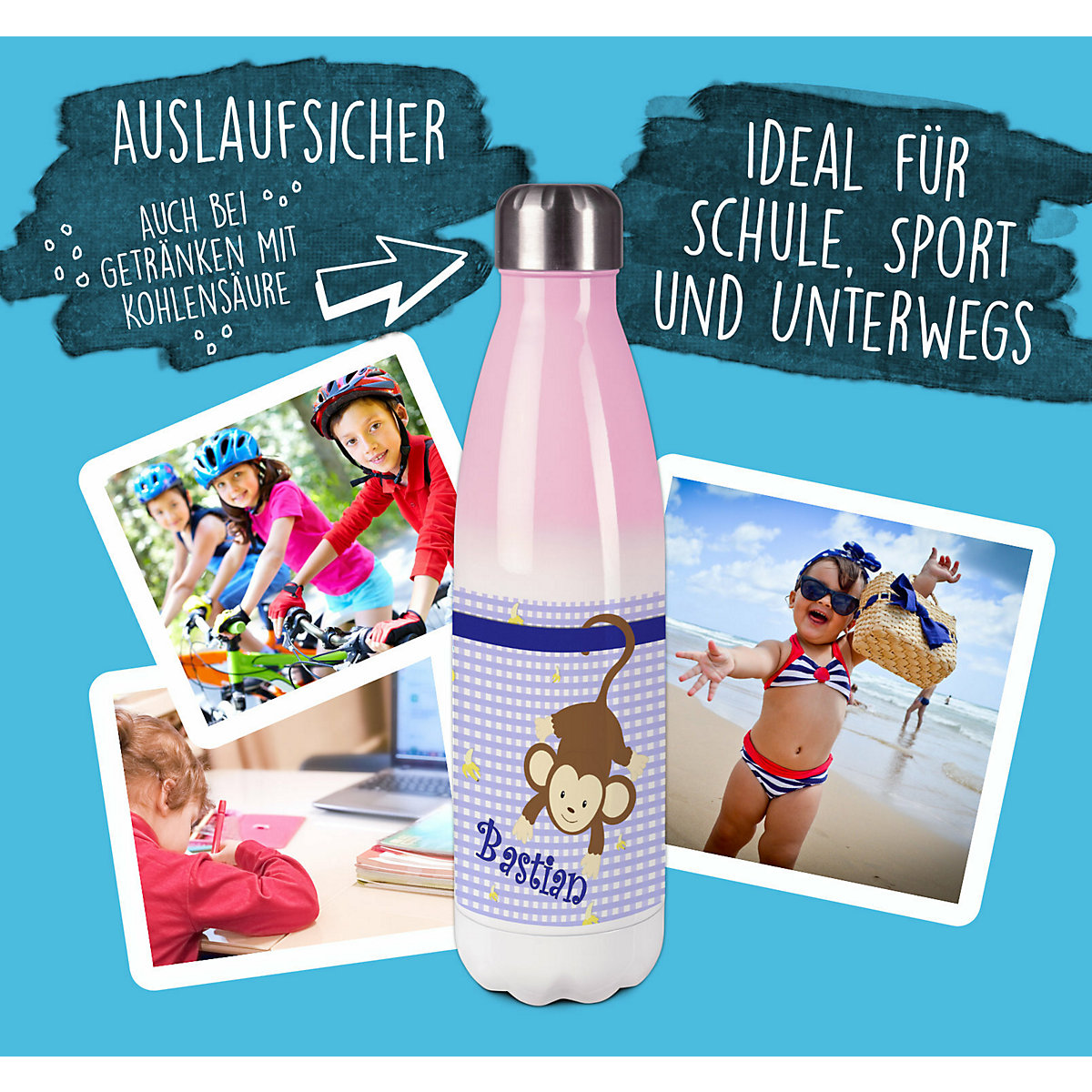 Edelstahl Kinder Thermoflasche / Trinkflasche bunt Affe hängend Farbe blau Spülmaschinenfest, Auslaufsicher, Bruchfest, Doppelwandig, Für Heißgetränke geeignet, Mit Deckel, Isoliert