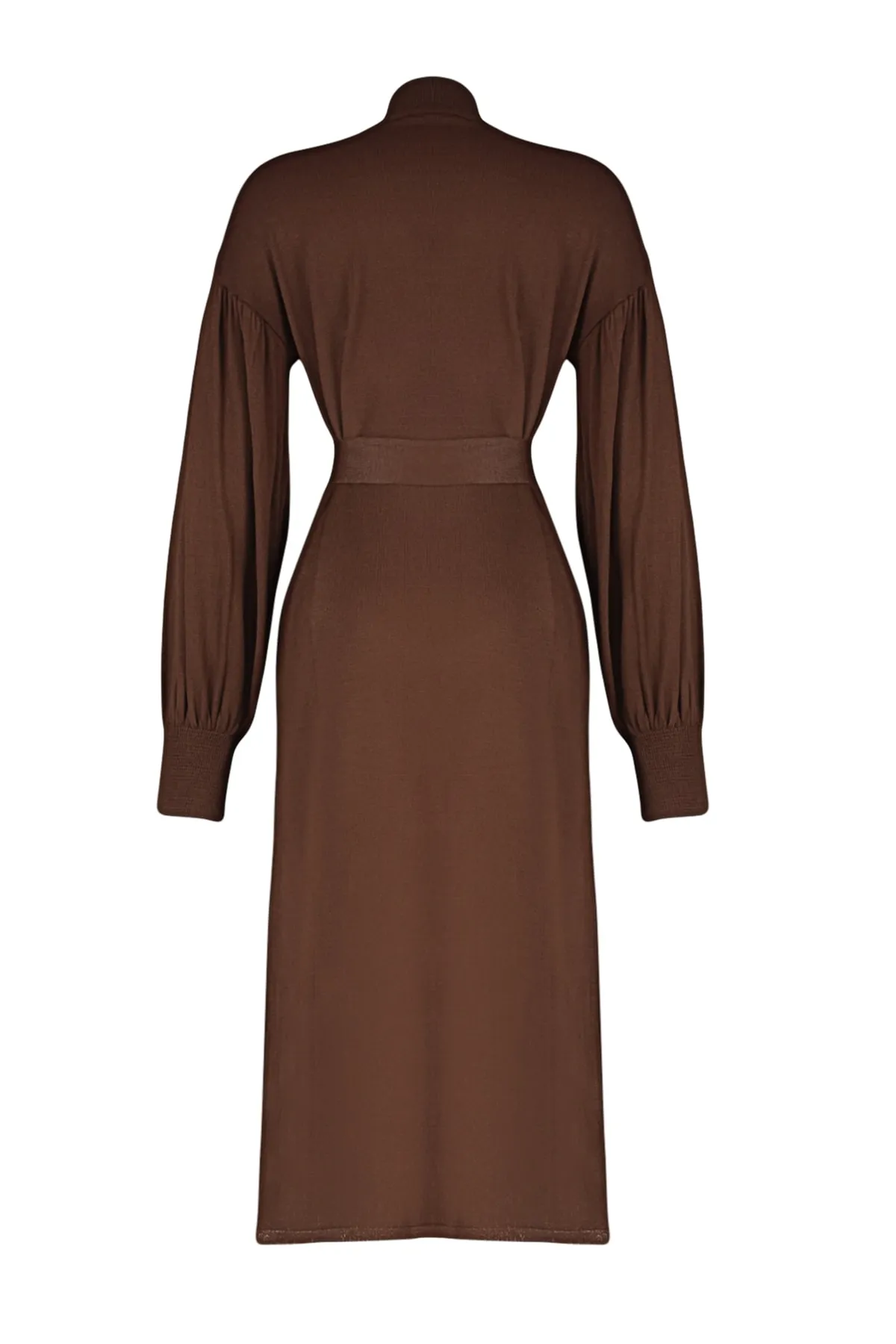 Trendyol Modest  Braunes Strickkleid mit Rollkragen und Ballonärmeln und Gürtel TCTAW24EB00023