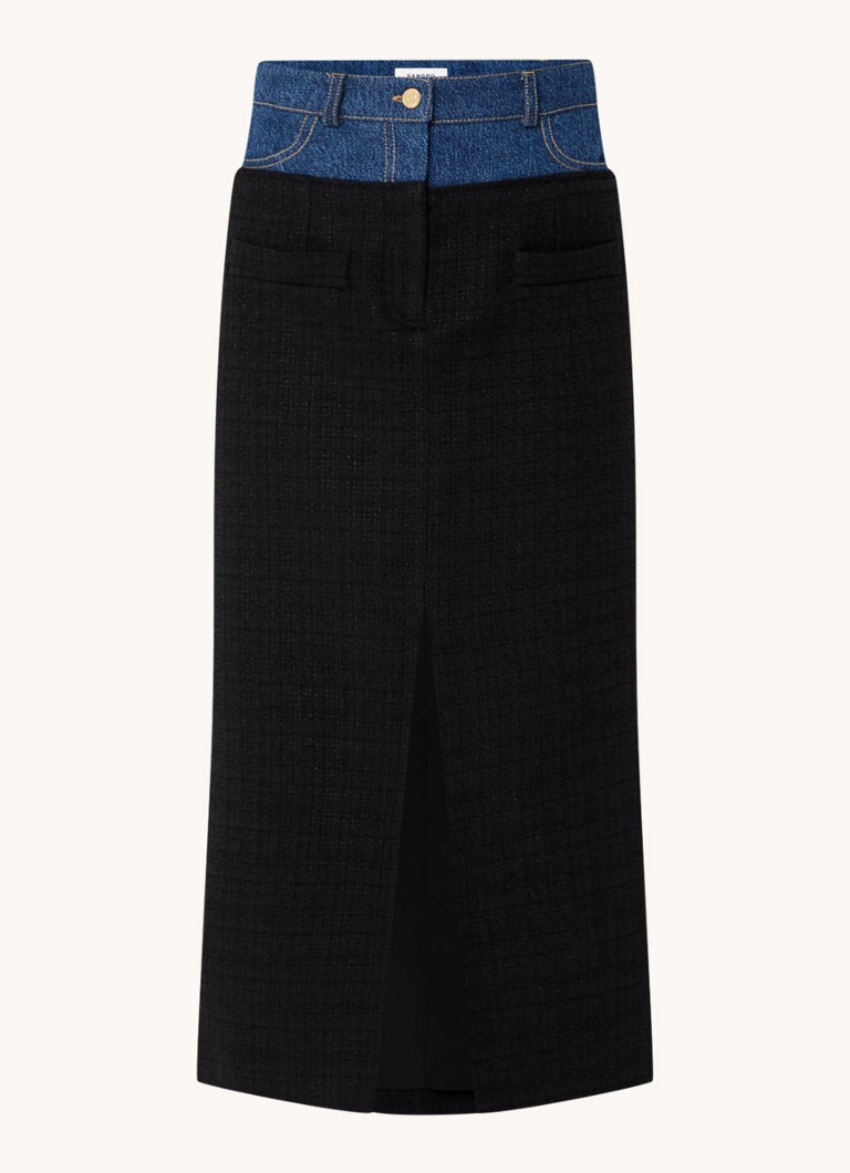 Fustă midi Sandro din denim cu bucle, cu detalii și buzunare aplicate