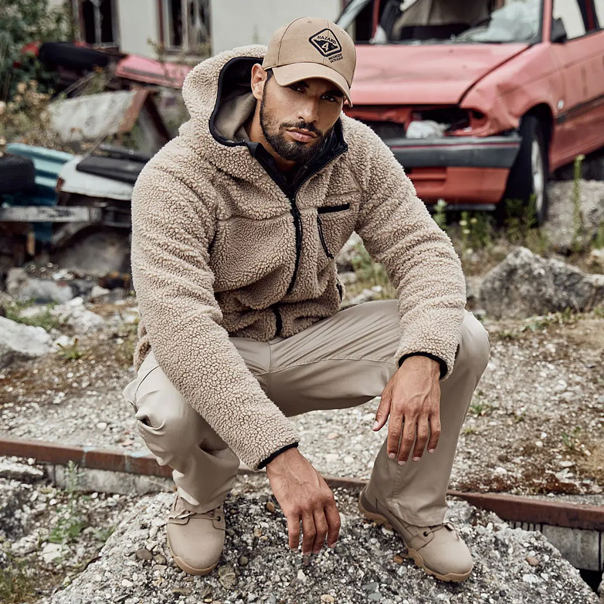 Teddyfleece Worker Jacke mit Kapuze camel