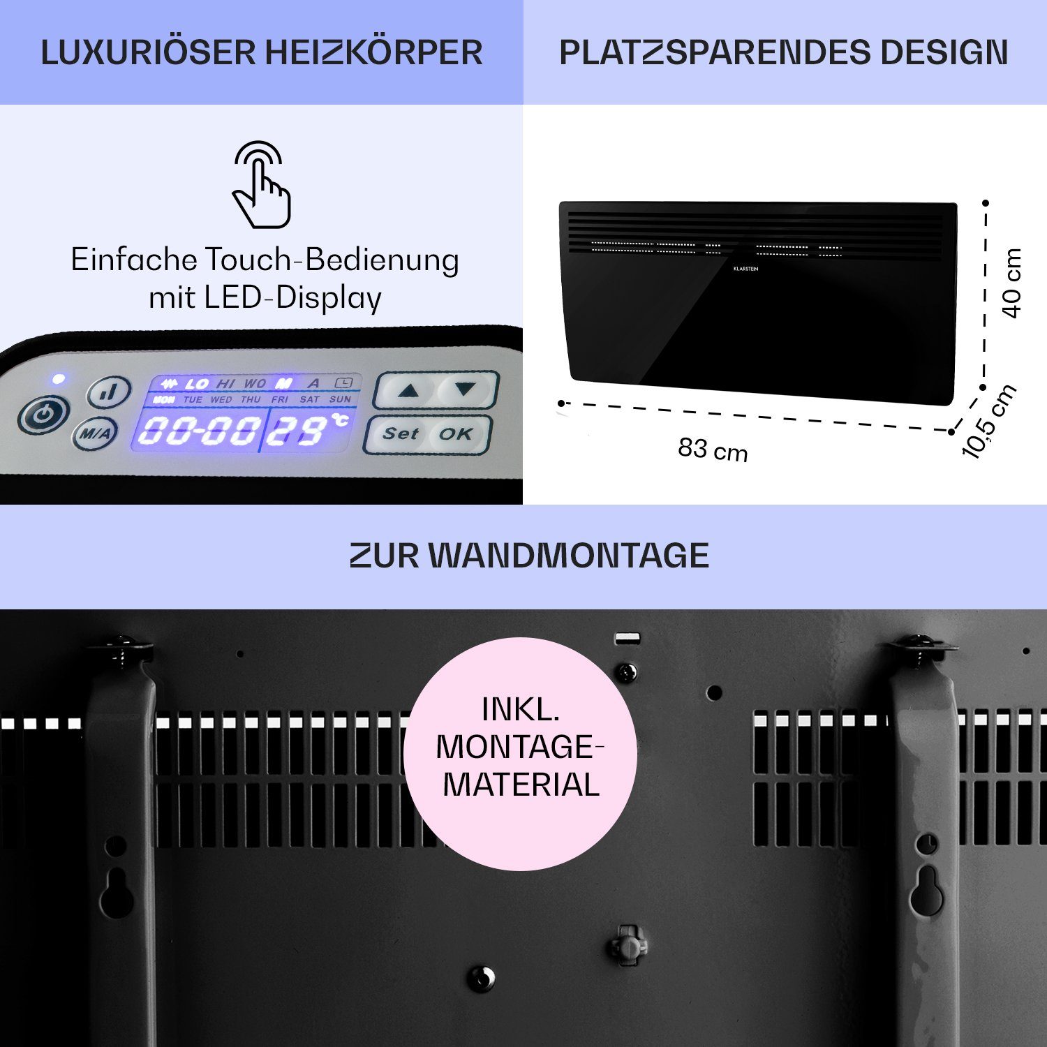 Klarstein Heizstrahler Hot Spot Slimcurve, 2000 W, Konvektorheizung elektrisch Elektrokoheizung energiesparend Heizkörper