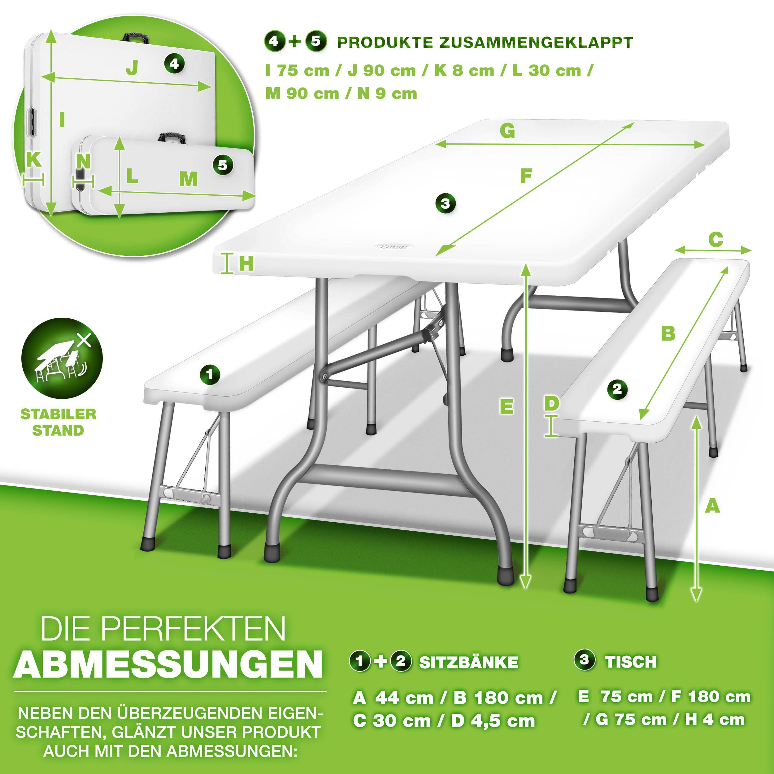 tillvex Bierzeltgarnitur klappbar 3-teilig Set Kunststoff Gartengarnitur wetterfest 180 cm, (Gartenmöbel Set Indoor & Outdoor mit Gartentisch und Bänken, Festzeltgarnitur)