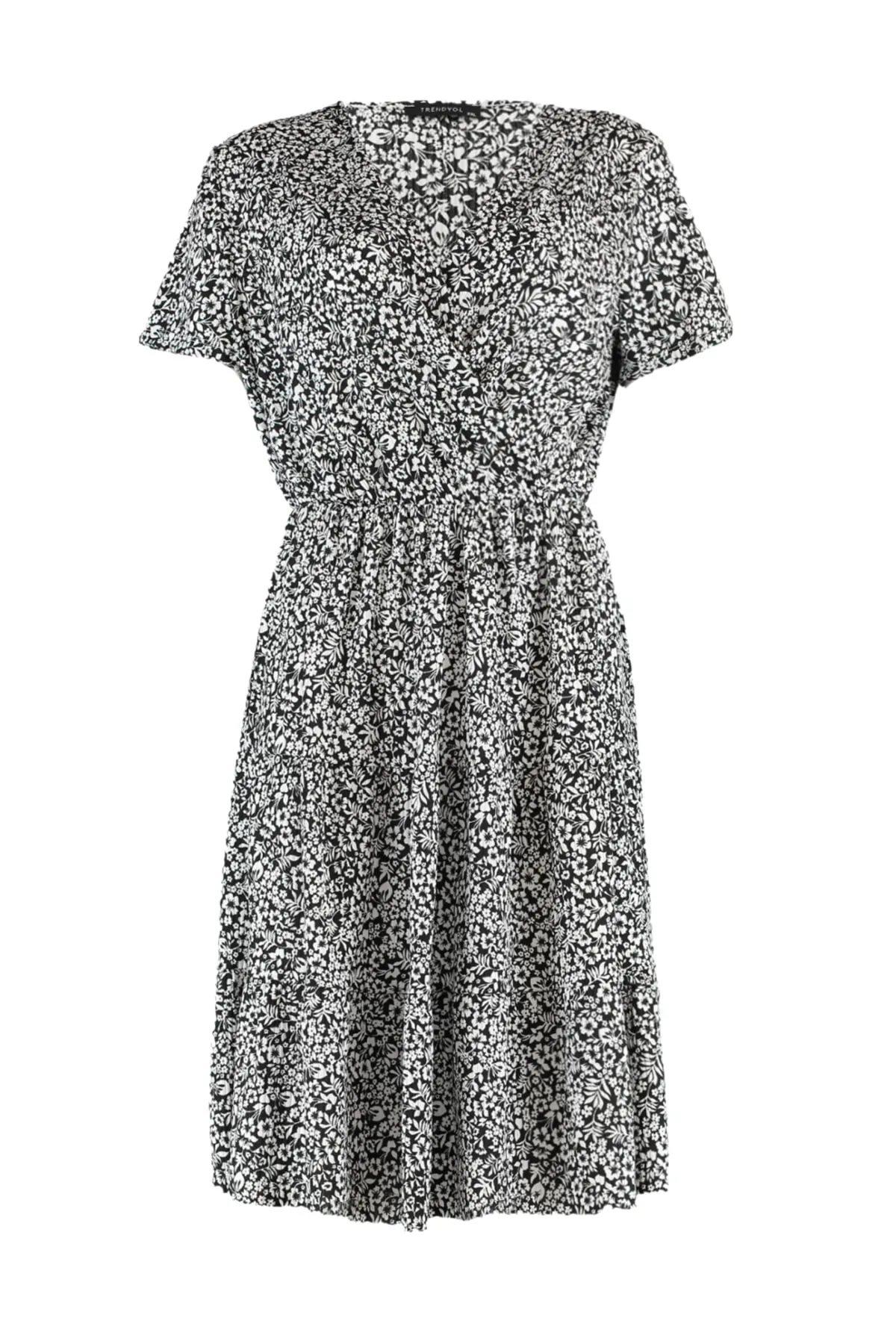 Trendyol Curve  Schwarzes Strickkleid mit V-Ausschnitt und Blumenmuster TBBSS22EL1638