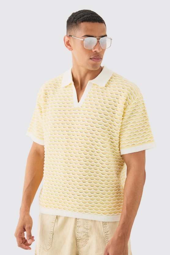 Kastiges strukturiertes Oversize Strick-Poloshirt mit Streifen