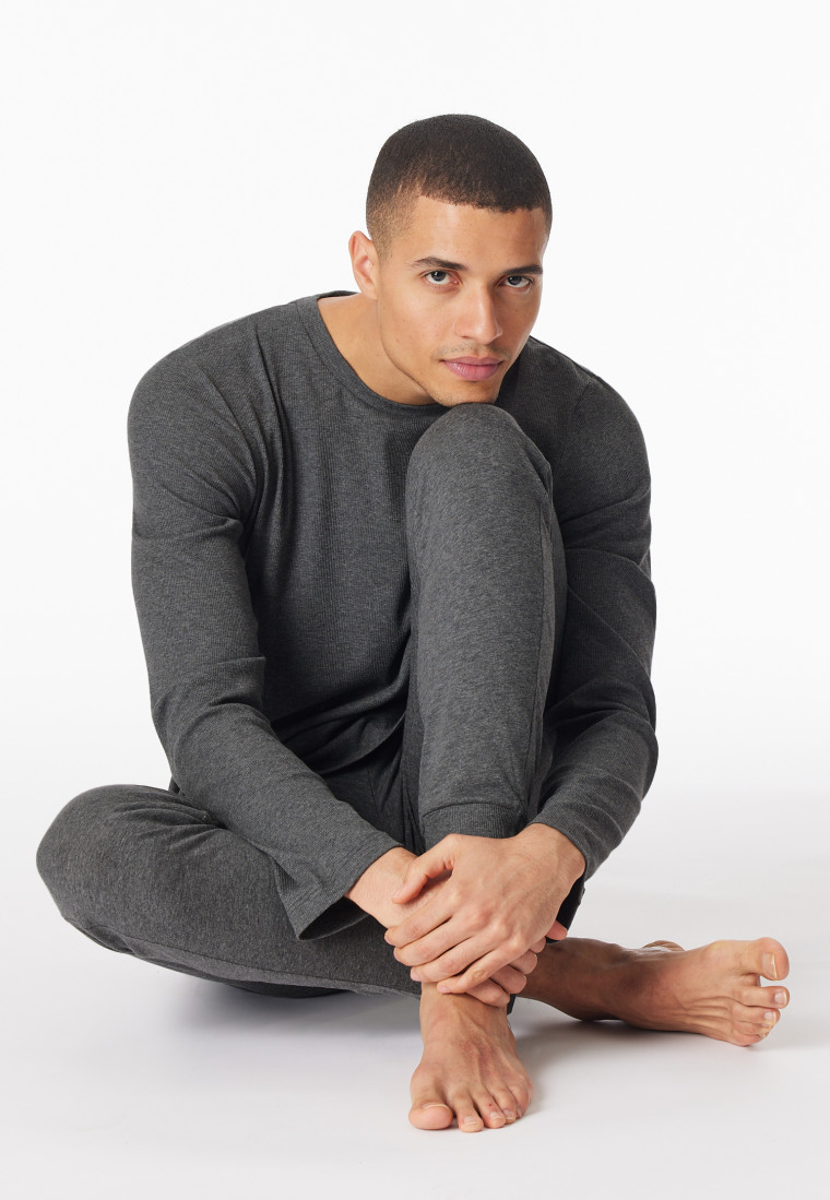 Schlafanzug Doppelripp lang Bündchen dunkelgrau meliert - Modern Nightwear