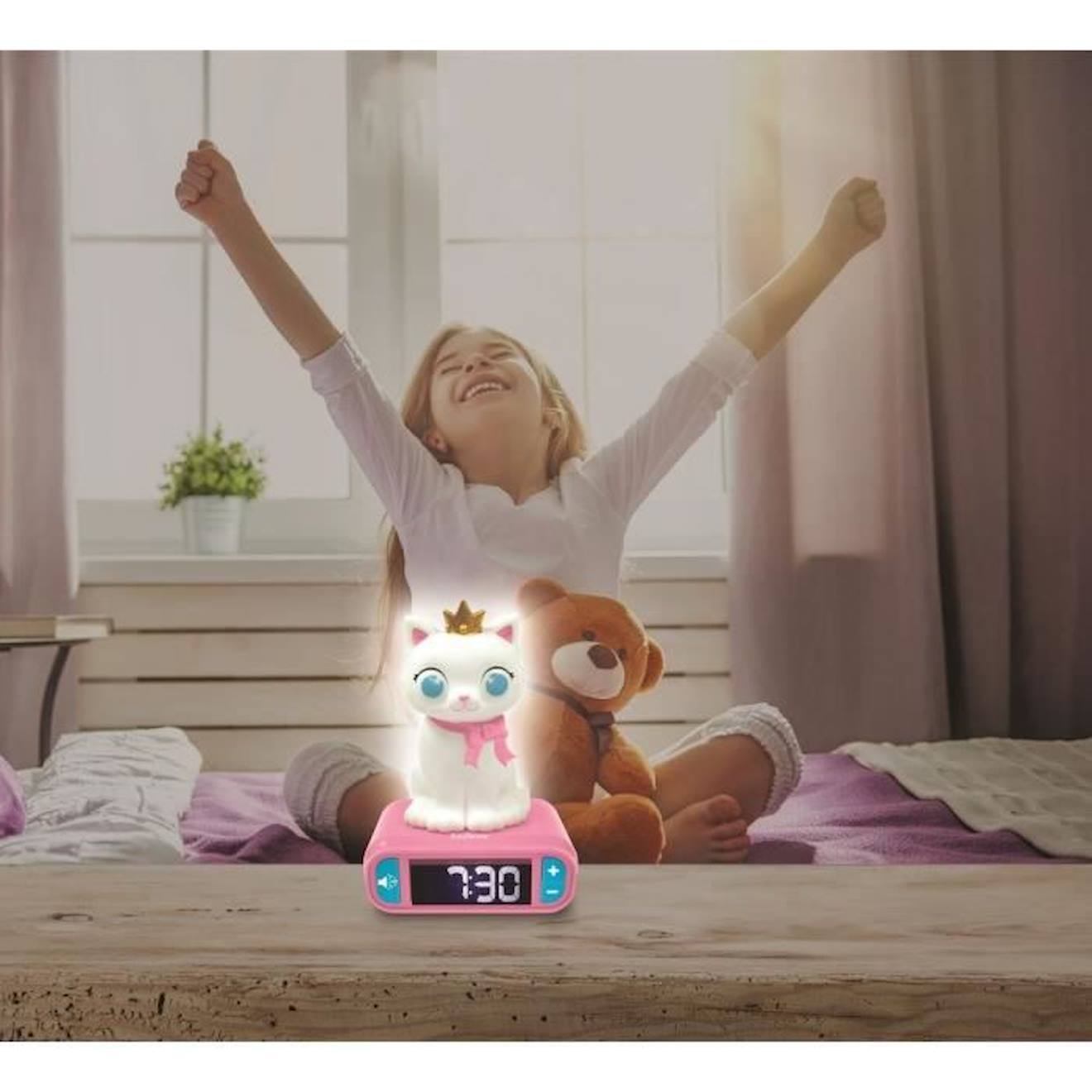 Réveil avec Veilleuse Lumineuse Chat en 3D et effets sonores rose