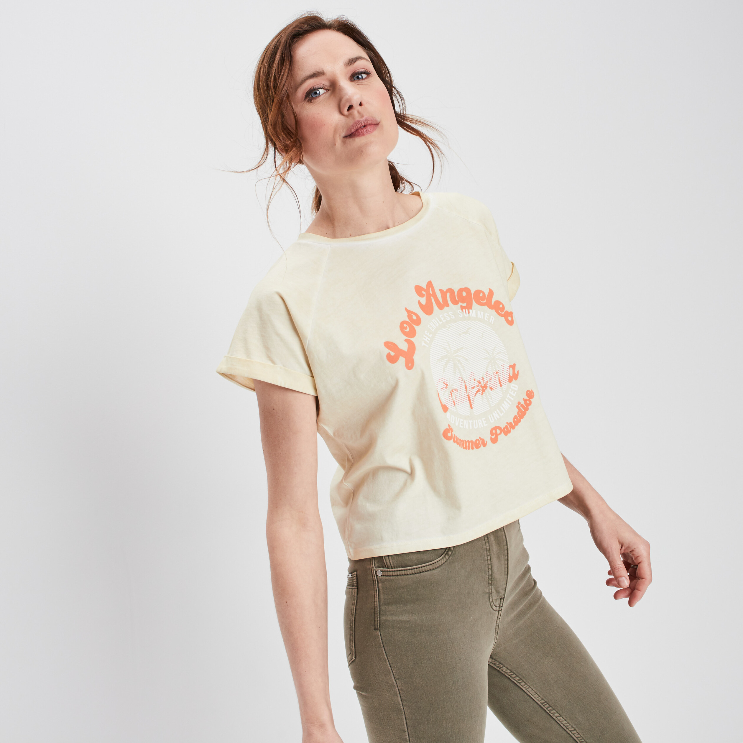 T-shirt cropped à col rond sable femme | La Halle