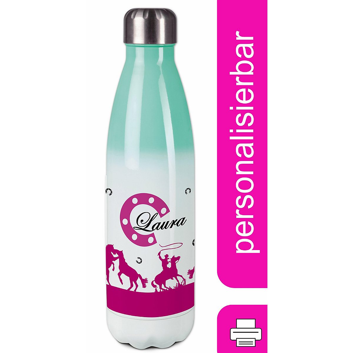 Edelstahl Kinder Thermoflasche / Trinkflasche bunt Cowboy Pferde Farbe pink Spülmaschinenfest, Auslaufsicher, Bruchfest, Doppelwandig, Für Heißgetränke geeignet, Mit Deckel, Isoliert