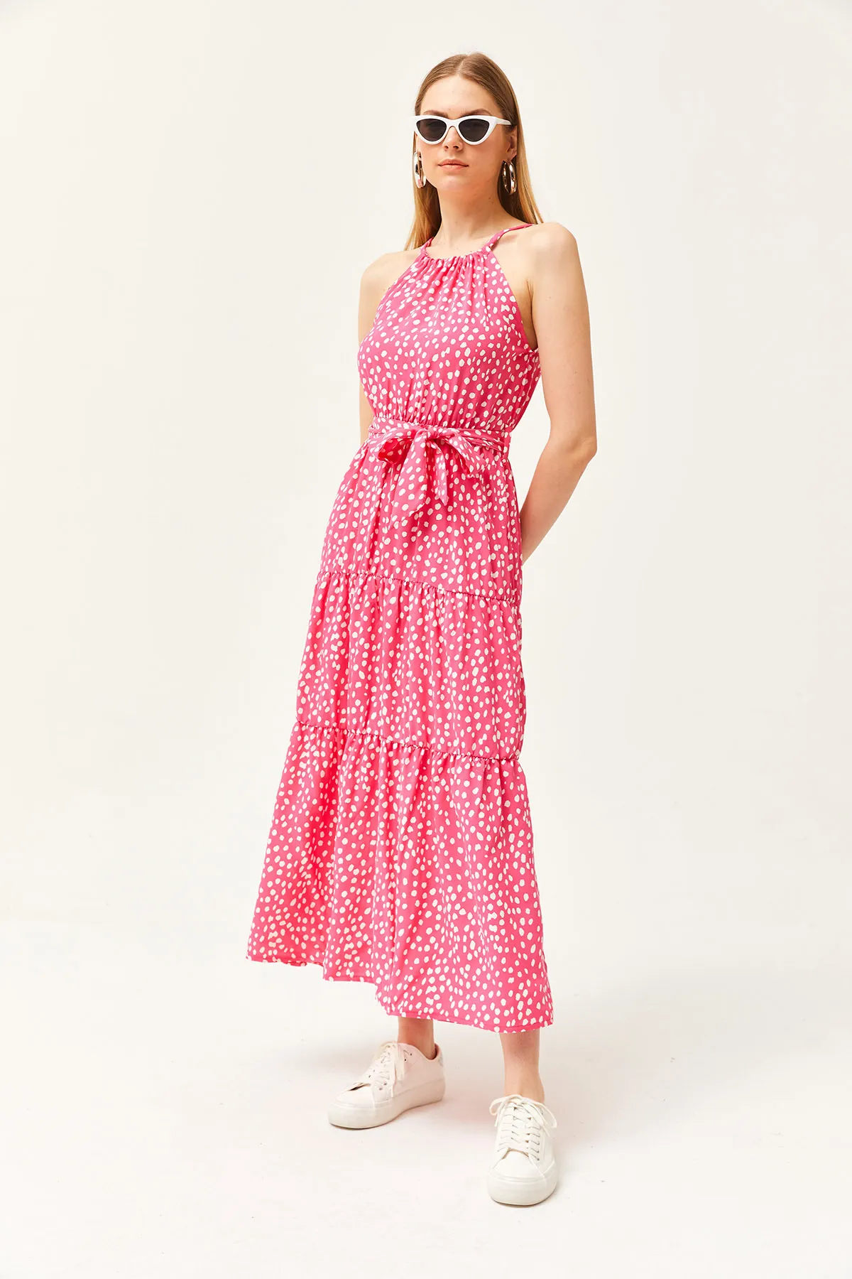 Olalook  Damen Polka Dot Fuchsia Neckholder-Kleid aus gewebter Viskose mit Gürtel ELB-19001548