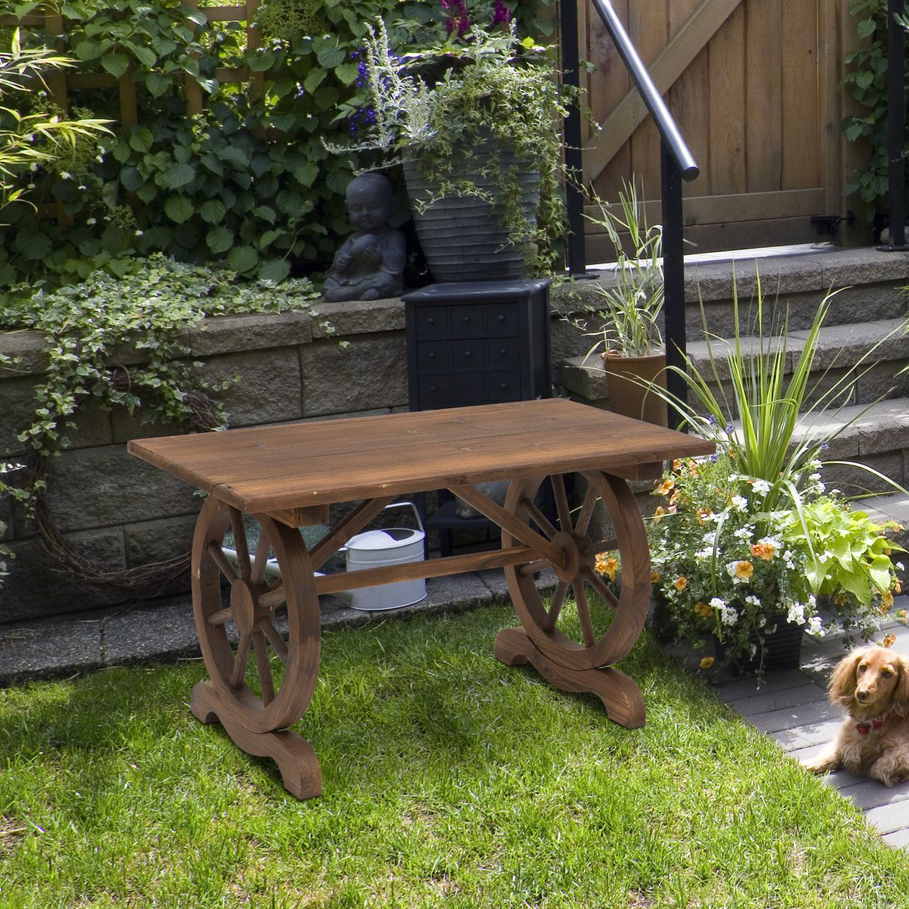 Outsunny Gartentisch, Balkontisch, Holztisch, Räderform, Witterungsbeständig, Massivholz, Natur, 113 x B60 x H65 cm