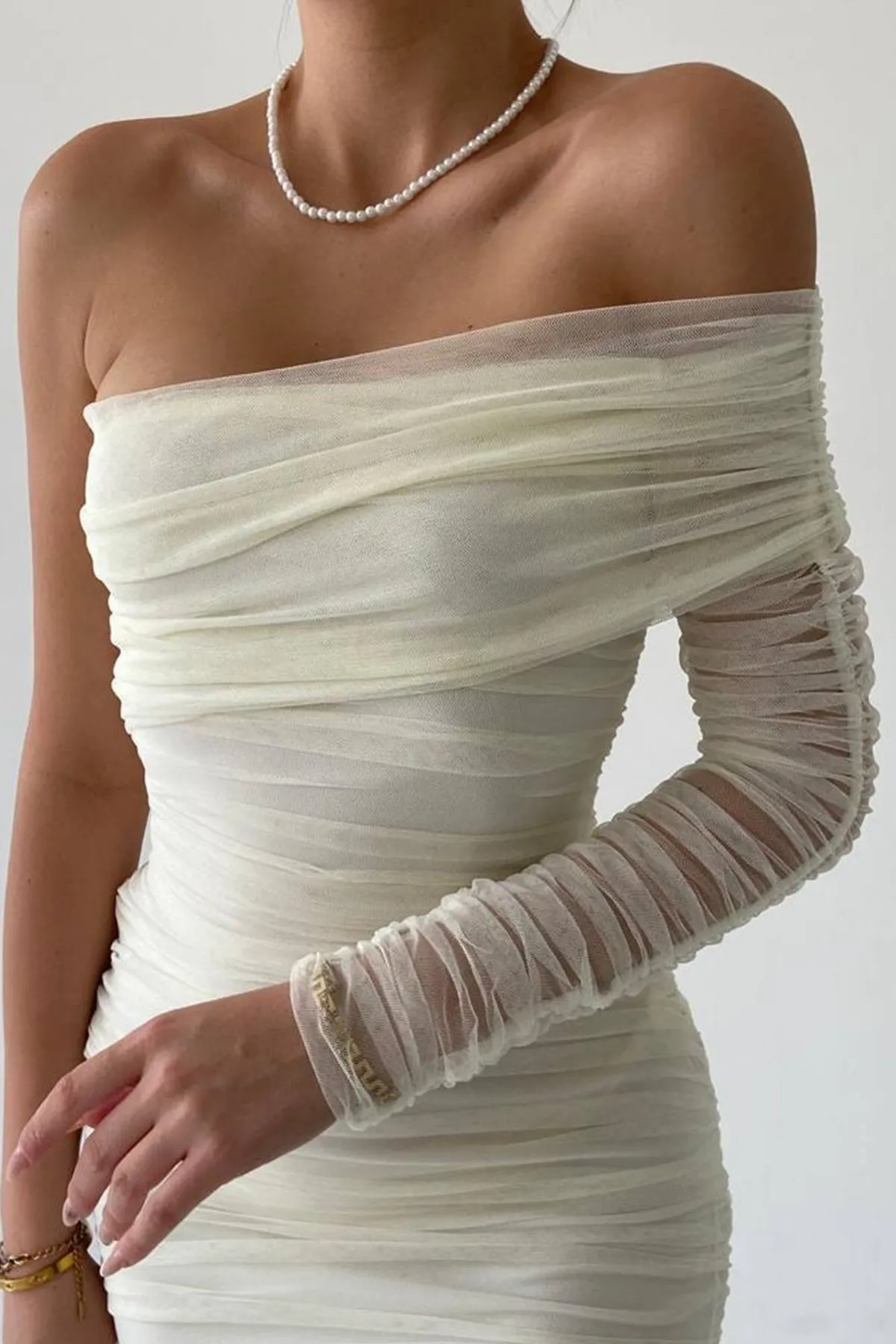 bayansepeti  Gefütterter Tüllstoff mit Einzelärmeln, schmale Passform, Midi-Länge, weißes Bleistiftkleid, Verlobungskleid 109