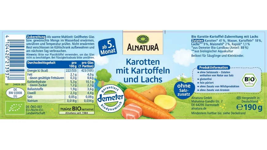 Alnatura Bio Karotten mit Kartoffeln & Lachs Babygläschen 190 g