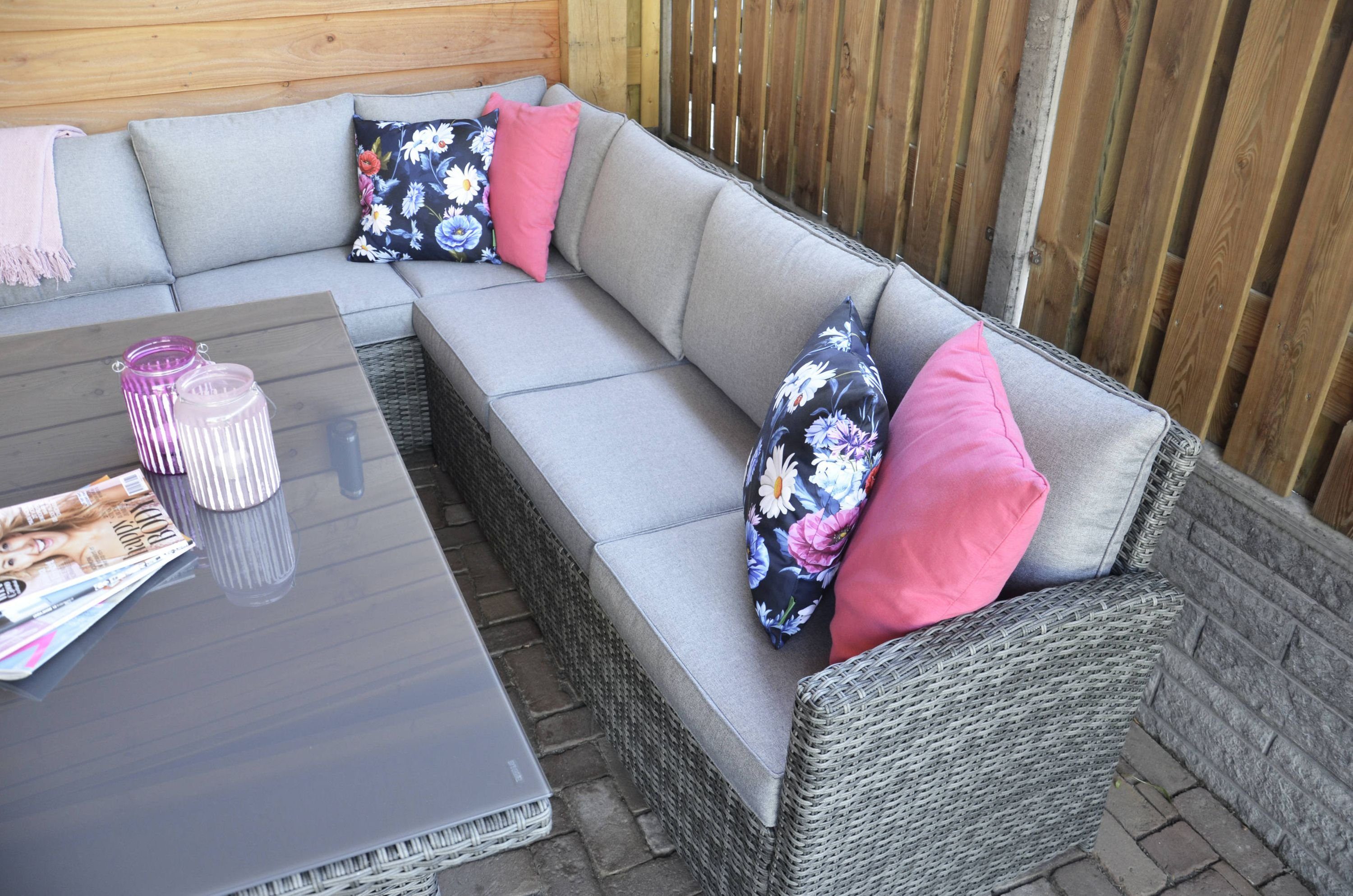 GMD Living Eckbankgruppe JIVE ROCK, (Eckbank Essgruppe, 3-tlg., bestehend aus 2 Sofas & Tisch inkl. Polsterkissen), 5mm Glastischplatte, Outdoorgeeignet