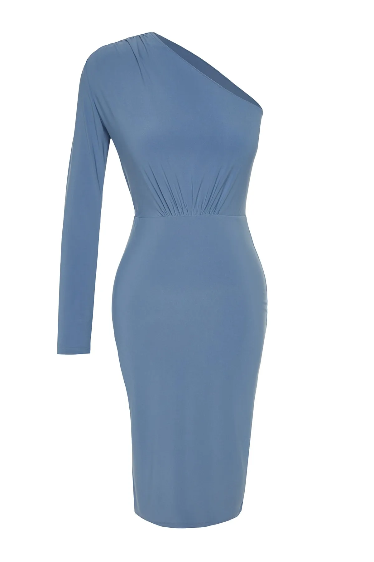 Trendyol Collection  Blaues, drapiertes, detailliertes One-Shoulder-Midi-Strickkleid mit Stretch TWOAW24EL00123