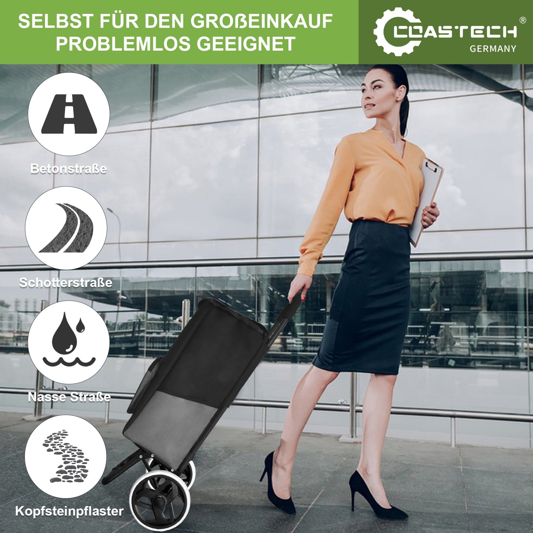 Coastech Einkaufstrolley Einkaufswagen 45 L Stauraum klappbar Abnehmbare Tasche, Oxford-Stoff Wasserabweisend, Ergonomischer / Gepolsterter Griff