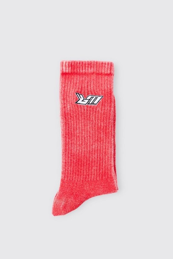 Rote Socken mit Acid-Waschung und Bm-Stickerei