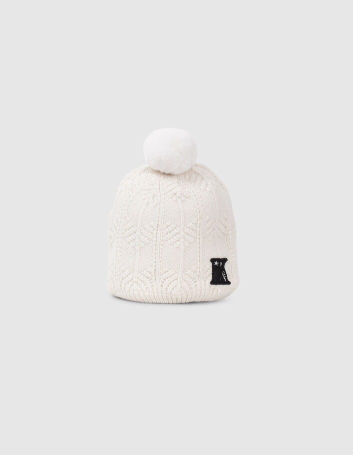 Bonnet blanc cassé tricot lurex à pompon fille