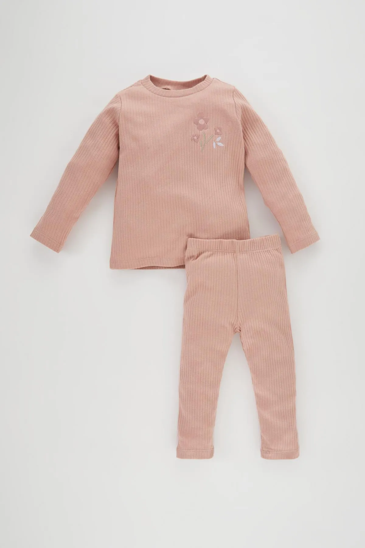 DeFacto  Baby-Mädchen-Pyjama-Set mit besticktem, langärmligem, geripptem Leibchen