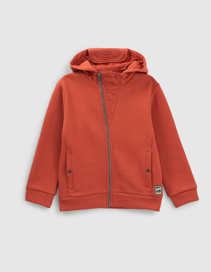 Cardigan brique avec visière sur capuche garçon